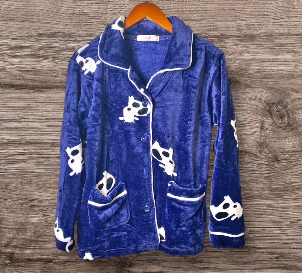 Women's Blue Plush Pajamas Button Top Long Sleeve 2pc Set Size Large